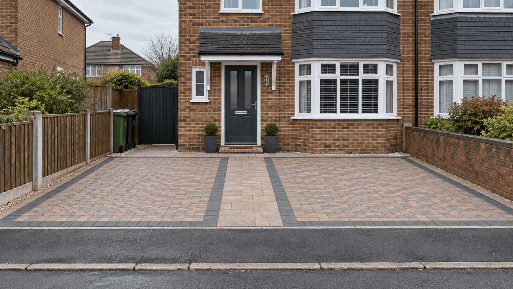 Block paved front driveway with two parking zones and a clear central path to the front door