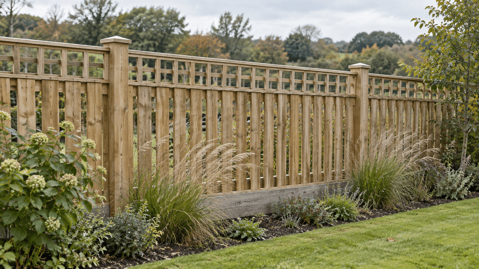 AI-generated illustration of timber garden fence panels with open slats, capped posts and gravel boards along a planted boundary.